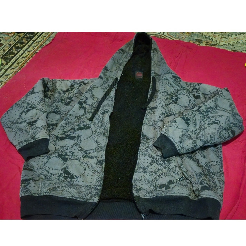 MMA Elite Mens 2XL Skull Bandana Print Sherpa Lined Full Zip Hoodie Gray Black